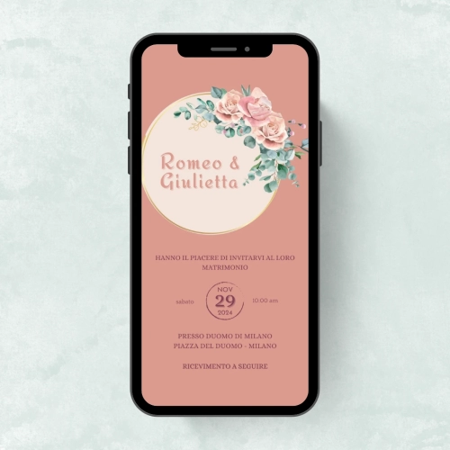 Inviti digitali per matrimonio: invito matrimonio digitale stile raffinato con rose