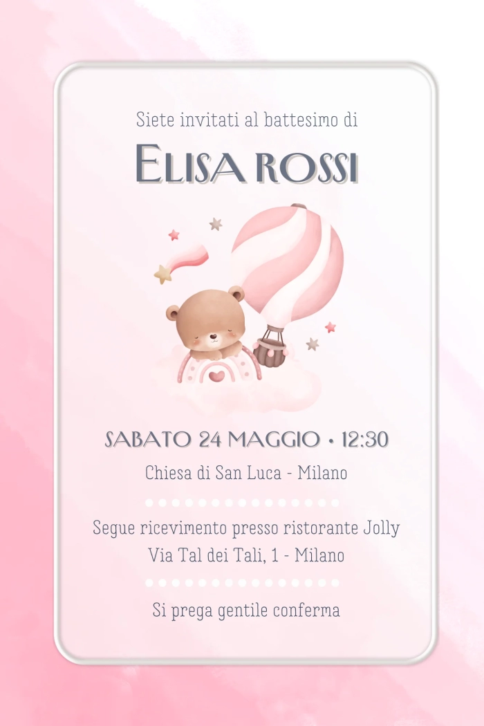 Invito digitale battesimo bimba per WhatsApp - invito battesimo bimba tema orsetto - inviti battesimo da scaricare e stampare gratis